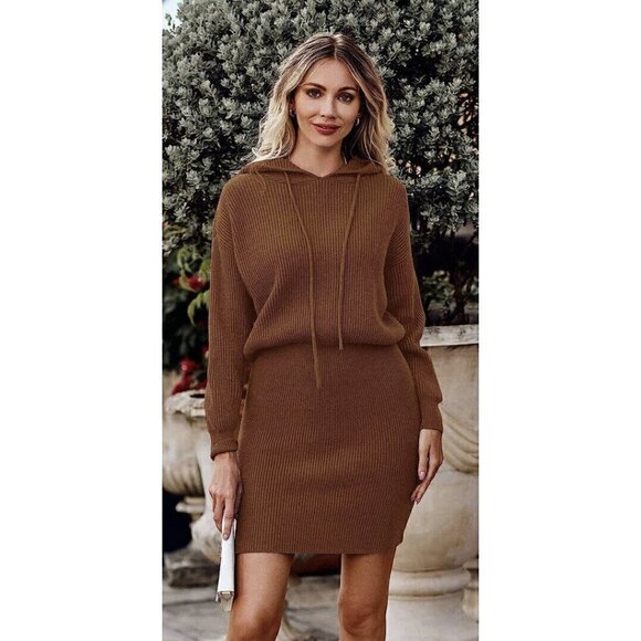 Pretty Garden Carmel Dress Sweater Women’s Size Medium Knit Body Con Hooded Knit - Picture 4 of 5